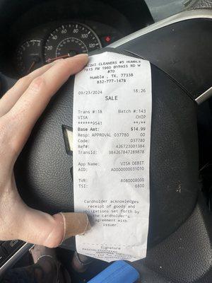 Receipt when they finally let me pick up my item