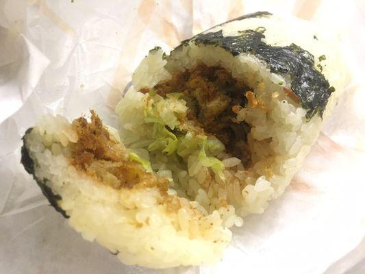 Sticky Rice Roll w/ Beef: beef, dried minced pork, seaweed & pickled mustard greens & more bits of mushy Chinese fried cruller & lettuce