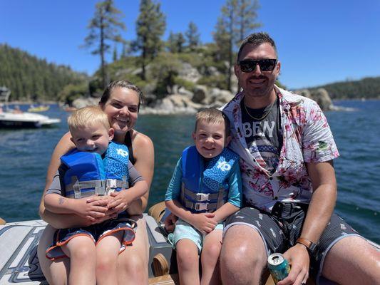 A Happy family enjoying a relaxing cruise through emerald bay