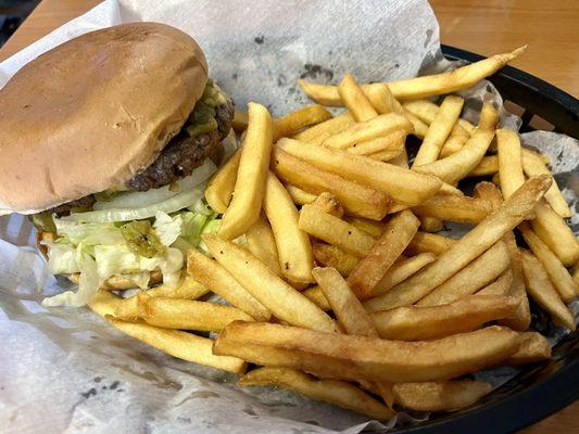 Green chile cheeseburger and French fries