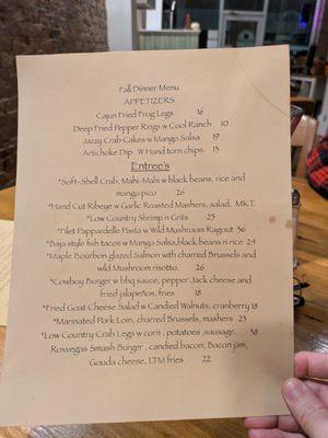 Dinner menu at Depot Southern Bistro, Roxboro