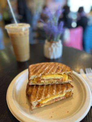 Breakfast Sandwich Panini with Iced Latte