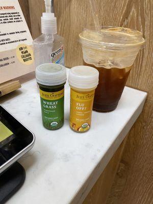 Morning Shots Wheatgrass (Btl) & Flu Off with a Espresso Tonic from Verve Coffee