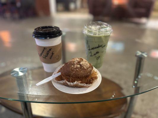 Hot peppermint matcha, iced lavender matcha, and a cinnamon muffin.