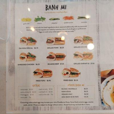 Banh mi menu