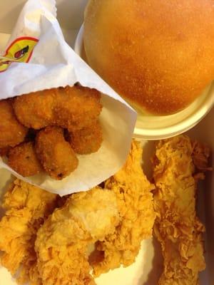 #1 Express Tenders combo: 4 chicken strips. Substituted a roll & fried okra.