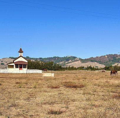 View of an old church from the outdoor dining patio.