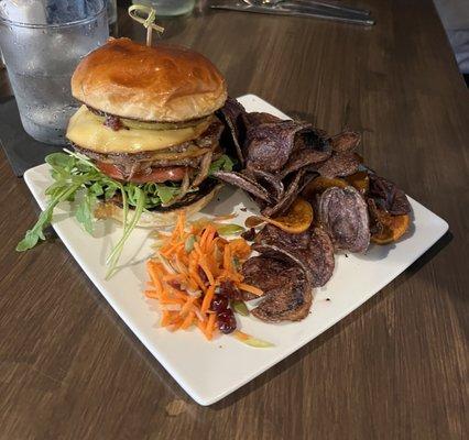 Smash burger at lunch with purple potato and sweet potato chips!