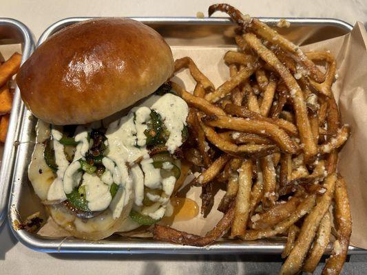 Hot & Sweet burger with side of garlic parm fries