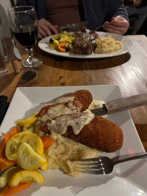 Chicken Cordon Bleu and dry aged Ny stake