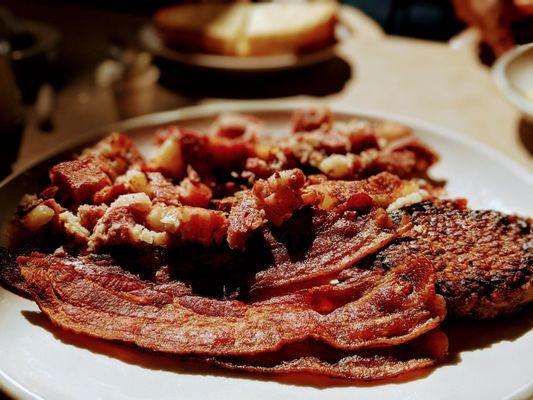 Bacon, sausage, and hash.