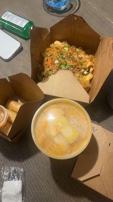 drunken noodles, massaman curry, veggie spring rolls