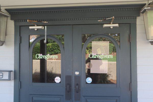 Front doors with logo.