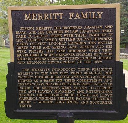 Merritt Family Historical Marker in Quaker Park, Battle Creek MI