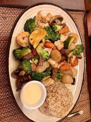 Steak, shrimp, chicken and scallops hibachi