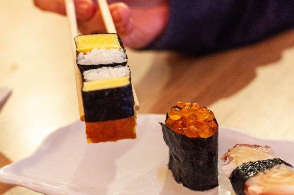 Egg Sushi - Tamago Sushi (Left) Salmon Roe (Right)