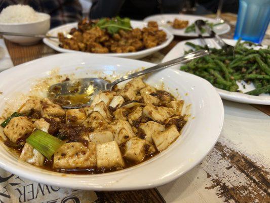 Mabo dofu, chongqing chicken, gan bian si jie dou (green beans)