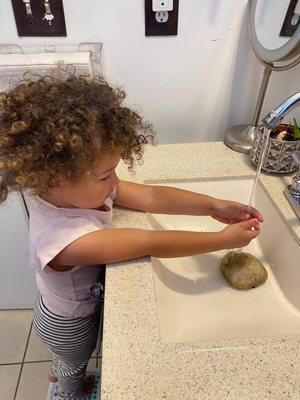 We wash our hands with soap and water before snack time, lunch time, before nap and after wake up time.