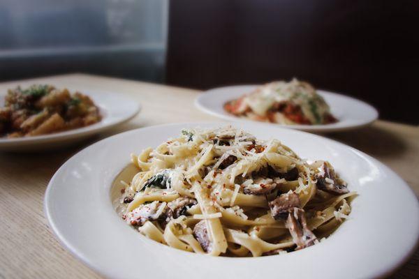 Fettucine Gorgonzola Alfredo: spinach, mushrooms, parm, gorgonzola alfredo sauce