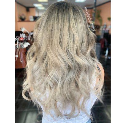 Ash blonde foilayage on dark Asian hair