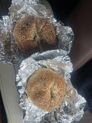 Sesame seed bagel and whole wheat Everything bagel.