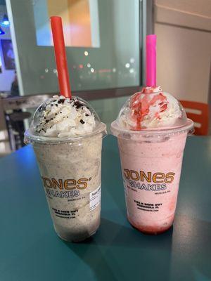 peanut butter oreo and strawberry cheesecake shake