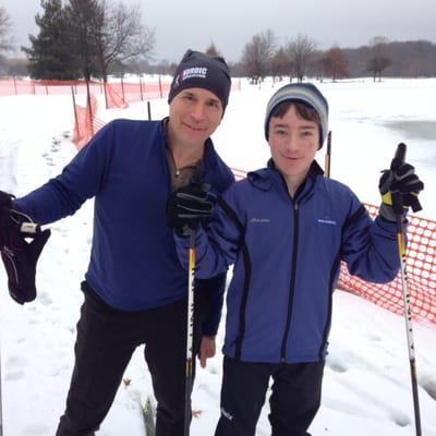 Skiing recently in Brighton Michigan at the Frosty 5k Ski Race with my son Will!