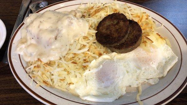 Biscuits, gravy, sausage, hash browns and eggs