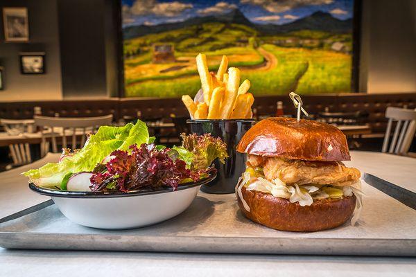 The Farmer's Box with our Crispy Chicken sandwich + mixed greens salad