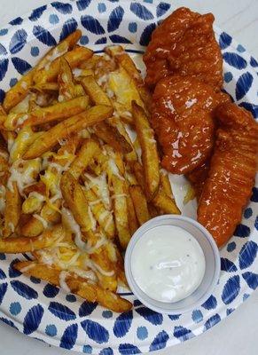 Buffalo tenders with seasoned cheese fries