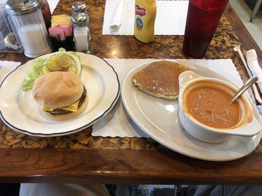 Hamburger with tomato soup and corn bread