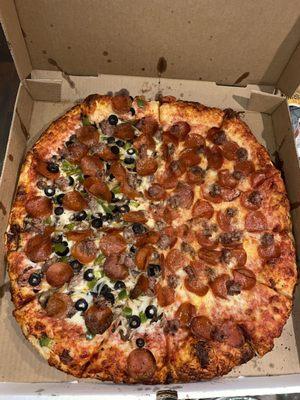 Came a different week, half/half Large, The Works Pizza & Sausage/Pepperoni 10/10