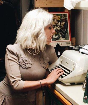 40's dress from the shop typing a love letter on a vintage typewriter! can you see the hearts in my eyes?