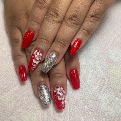 Red and silver with white flowers