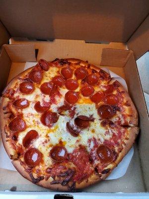 Small extra sauce and well done, pepperoni.  The cheese shifted because of the xtra sauce.