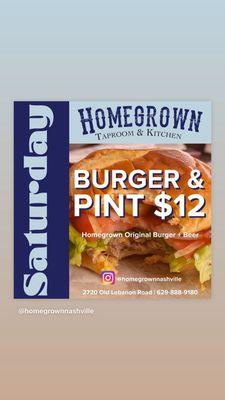 Burger and pint special on Saturdays