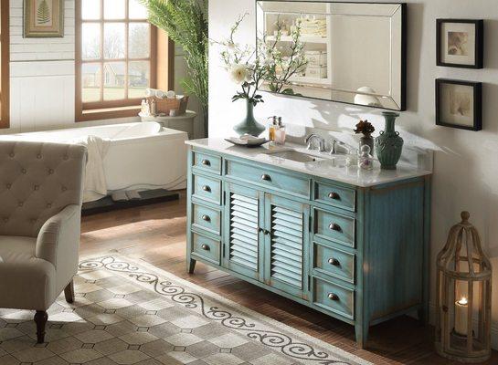 60" Single Sink Distressed Caribbean Blue Bathroom Vanity