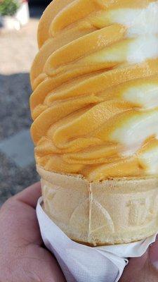 Today's flavor is Peach Sherbet swirled with vanilla ice cream