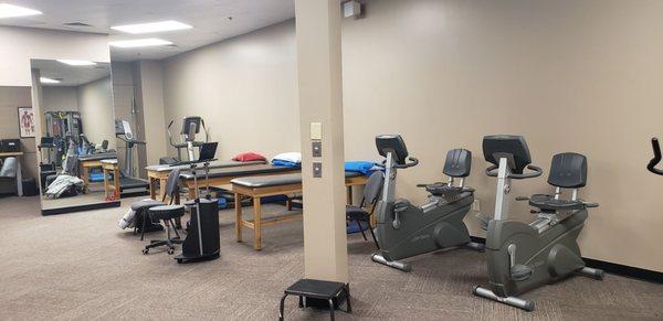 PT room with a variety of bikes, bands & weights.