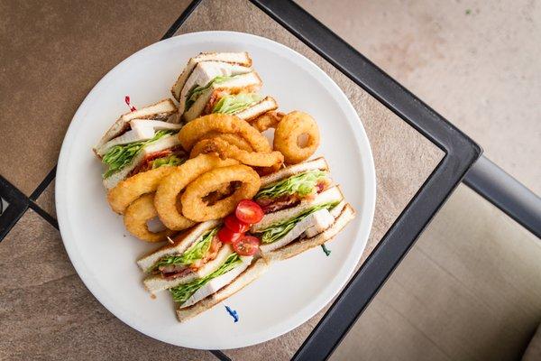 Turkey club and onion rings