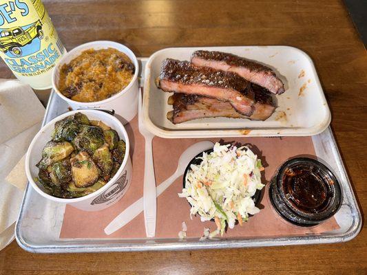 Spare ribs, sweet potato casserole, Brussels sprouts