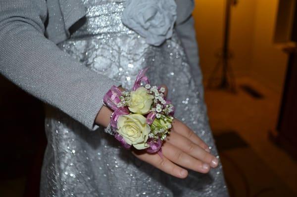 Wristlet with roses and baby breath for our kindergarten Father/Daughter Dance Jan '15