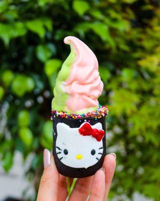 Matcha and lychee soft serve in double chocolate chip cookie cup