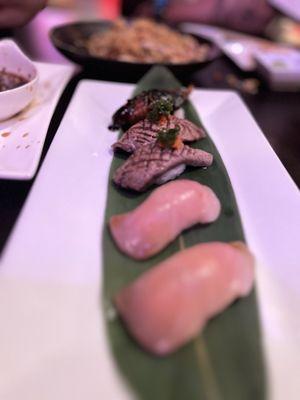 Hamachi, gyu, and unagi nigiri .