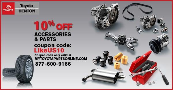 Visit www.mytoyotapartsonline.com and use the offer code: LikeUS10 to save 10% OFF parts and accesories!