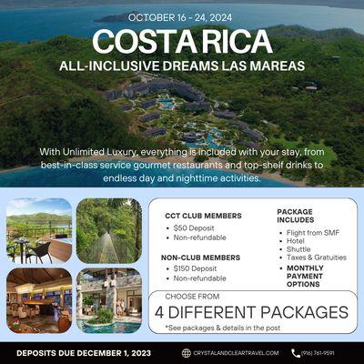 https://www.crystalandcleartravel.com/costarica.html to view all of the packages and pricing! 
$150 Deposit