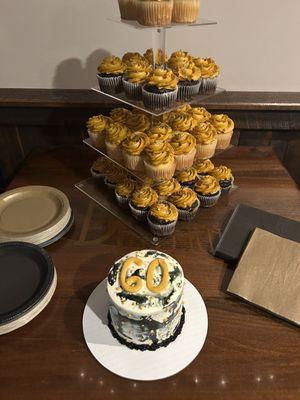 4" layer cake with chocolate and raspberry filling. Yellow cupcakes with chocolate filling and chocolate cupcakes with raspberry filling.