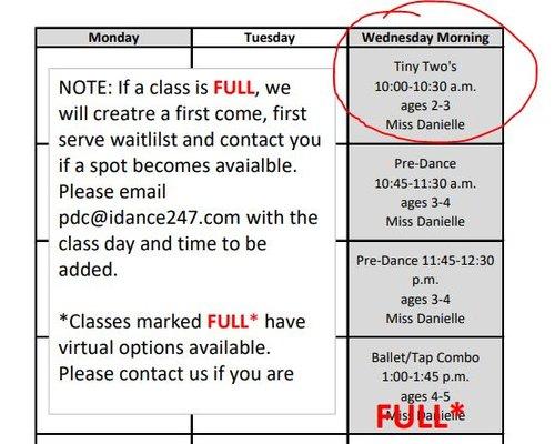 Schedule, clearly showing that there are still openings for the class in question, so there is no "wait list" requirement