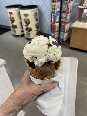 Chocolate and chocolate chip in a waffle cone.  So good and the cone was fresh.