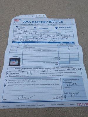 The invoice for battery service